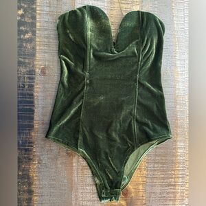NWT Women Strapless Velvet Bodysuit Back Lace Up Jumpsuit,Sexy Bodysuit Green